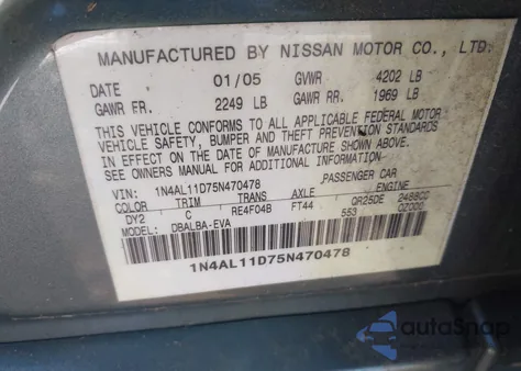 2005 Nissan Altima 2.5 S z USA, uszkodzony, nr VIN 1N4AL11D75N470478